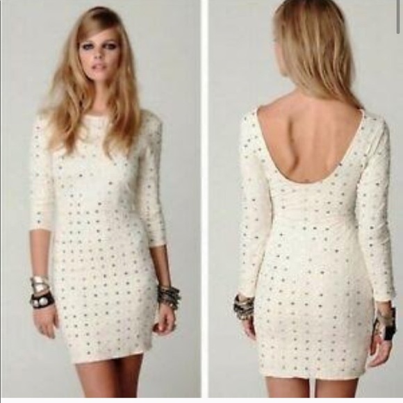 Free People Ivory Bodycon Dress Embroidered Flower Gold Sequins Long Sleeve - Picture 3 of 7